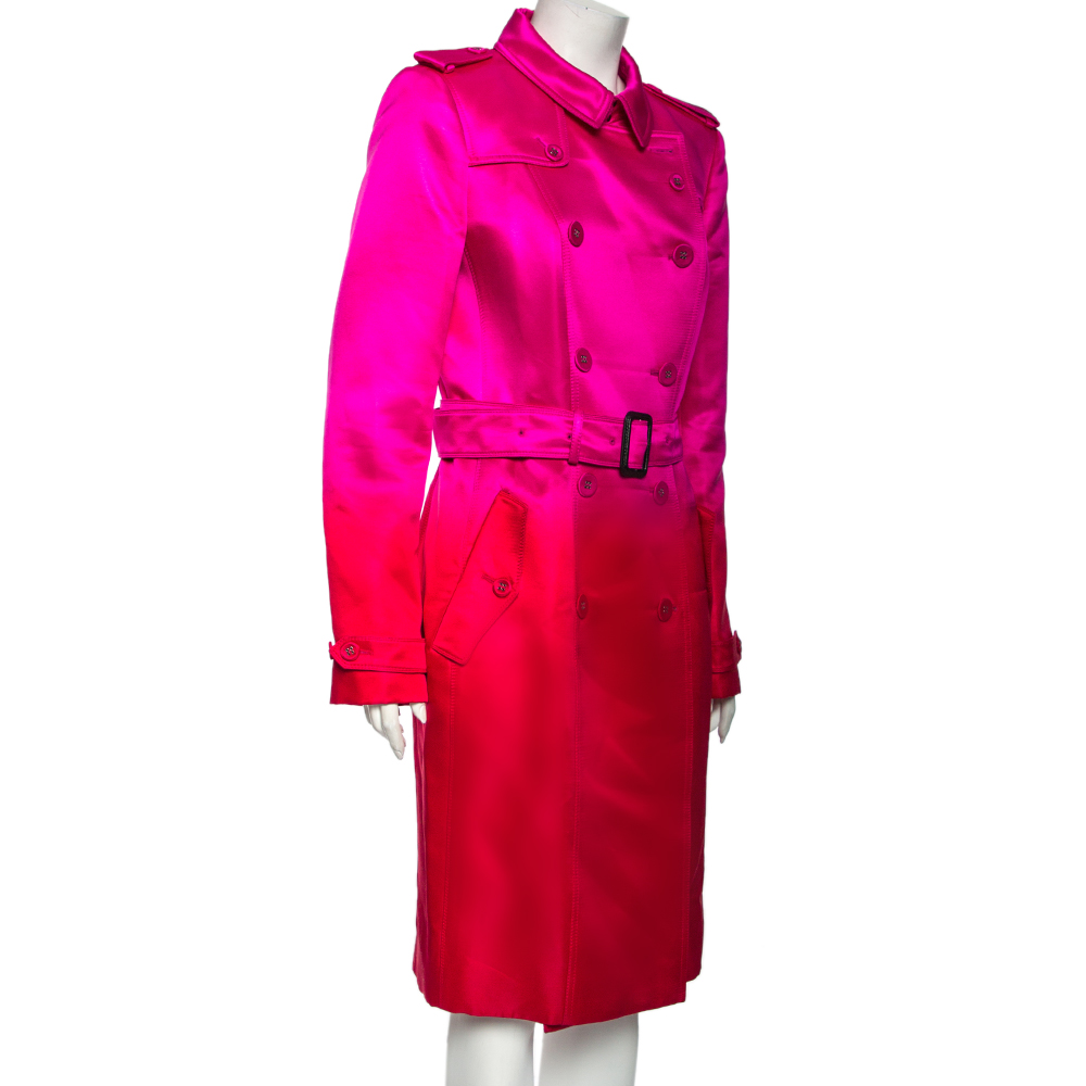 

Burberry Pink Ombre Effect Silk Satin Belted Trench Coat