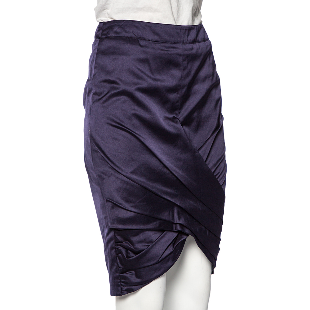 

Burberry Navy Blue Satin Pleated Wrap Detail Pencil Skirt