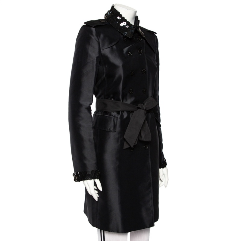 

Burberry Black Synthetic Sequin Trim Double Breasted Belted Trench Coat