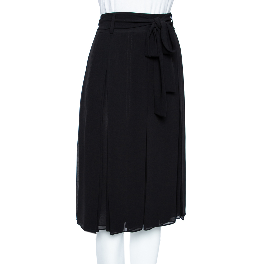 

Burberry Black Georgette Pleated Belted Skirt