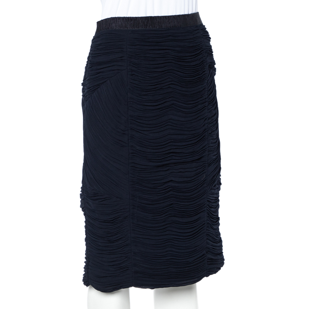 

Burberry Navy Blue Chiffon Paneled Ruched Pencil Skirt