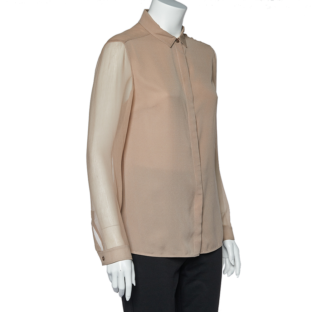 

Burberry Tan Silk Crepe Long Sleeve Button Front Blouse, Beige