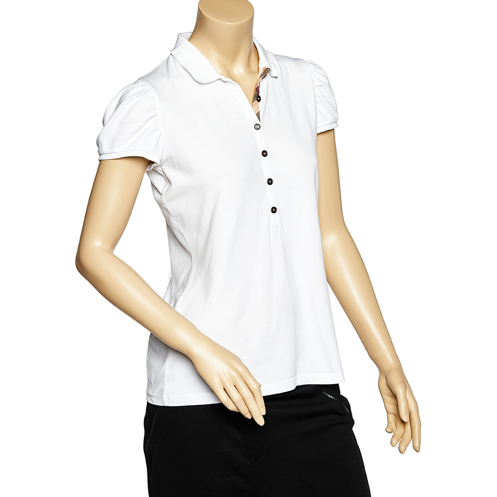 

Burberry Brit White Cotton Pique Puff Sleeve Polo T-Shirt