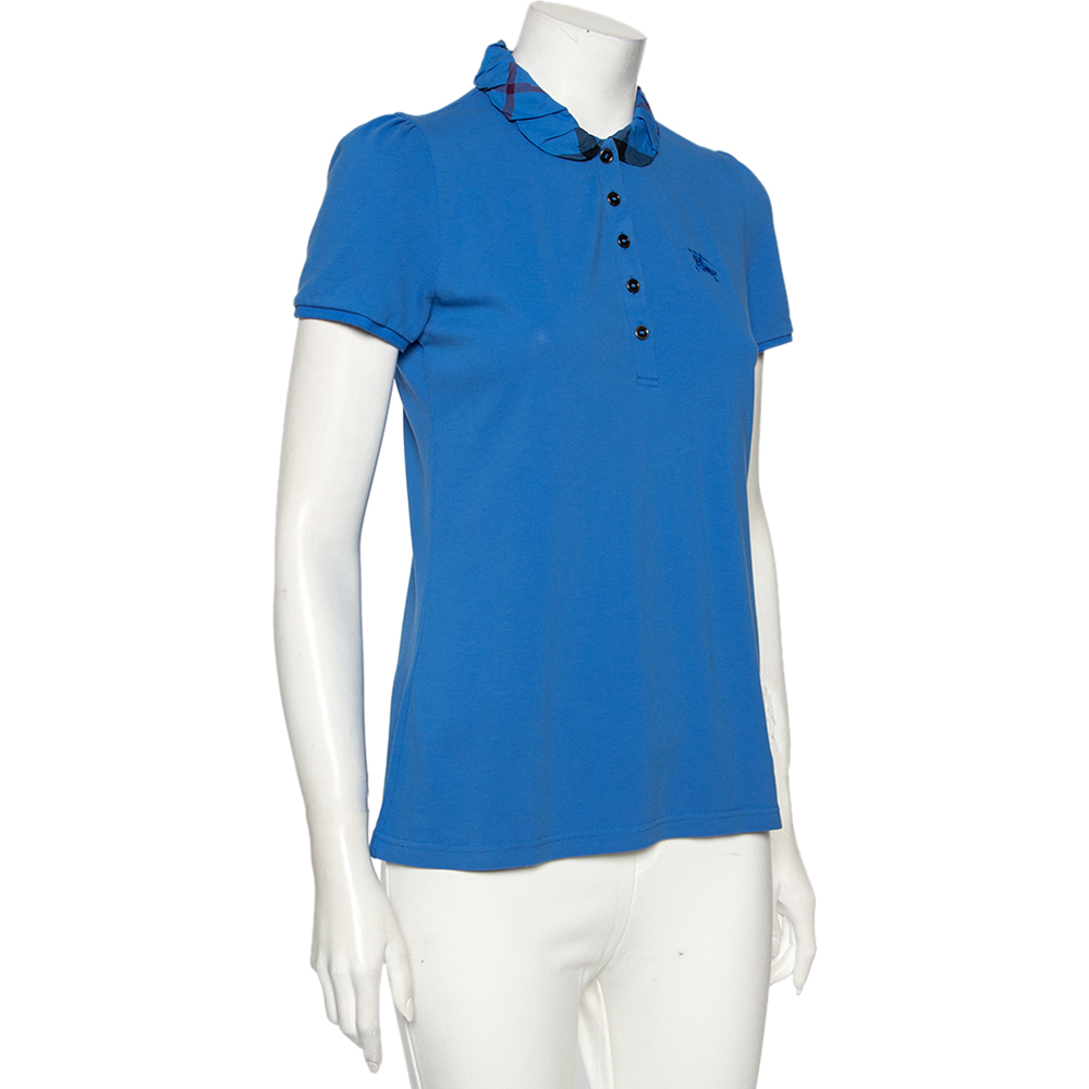 

Burberry Blue Cotton Pique Ruched Collar Polo T-Shirt