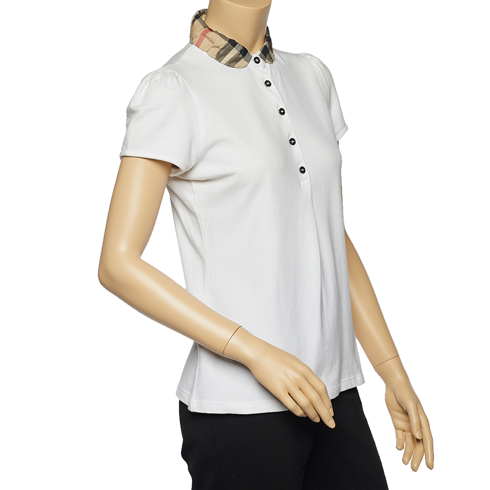

Burberry Brit White Cotton Nova Check Collar Detail Polo T-Shirt