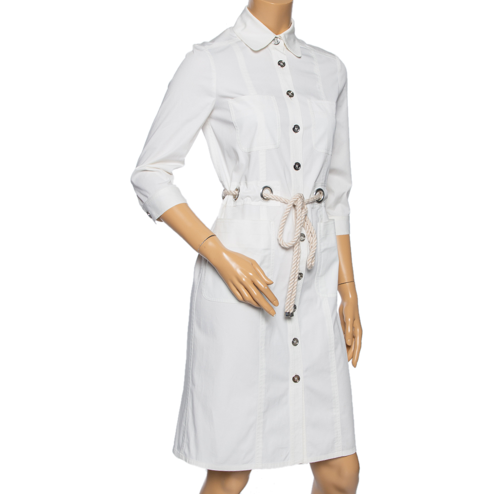 

Burberry White Cotton Button Front Belted Shirt Dress