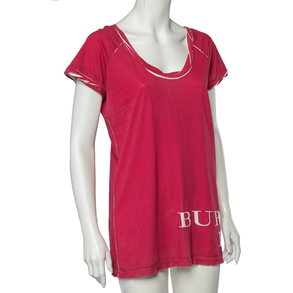 

Burberry Brit Pink Logo Printed Cotton Scoop Neck Oversized T-Shirt