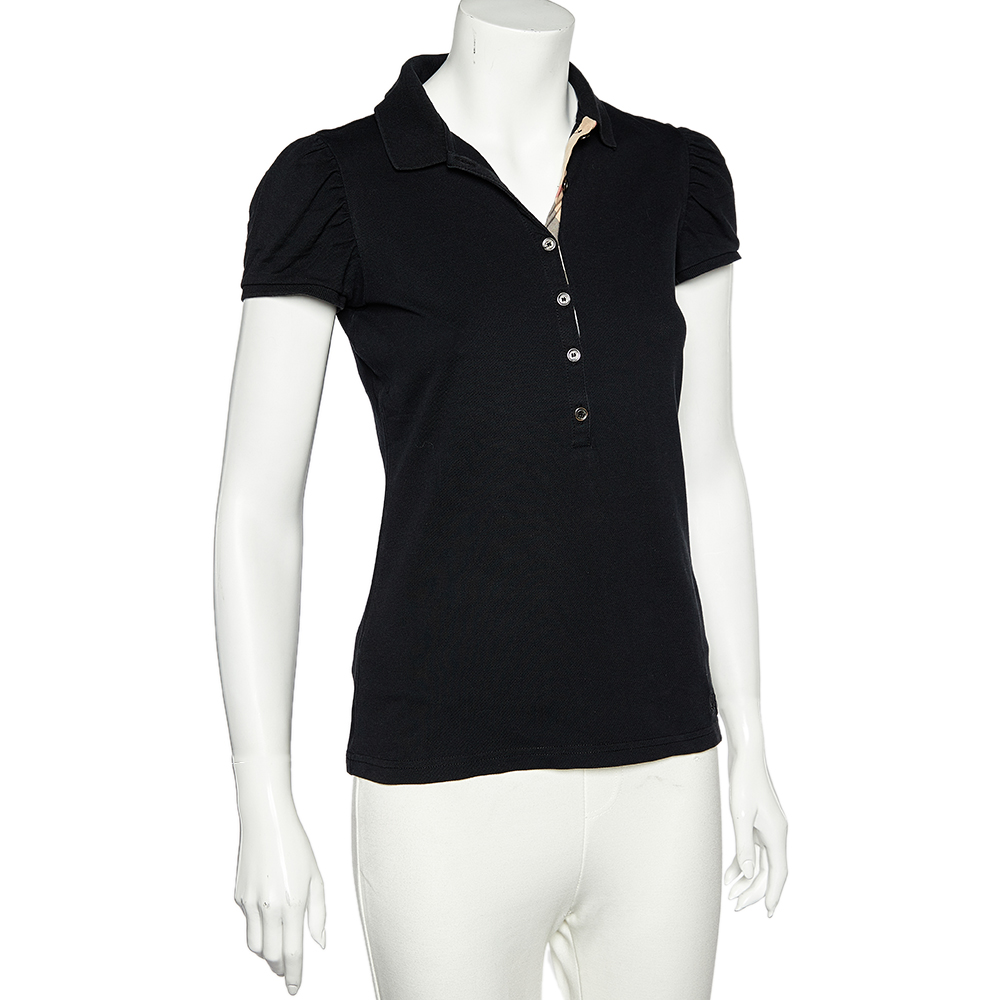 

Burberry Brit Black Cotton Pique Puff Sleeve Polo T-Shirt