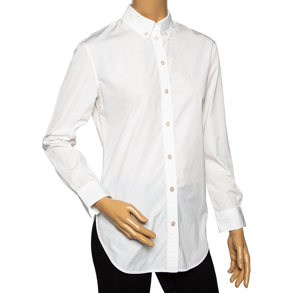 

Burberry White Cotton Embroidered Logo Detailed Button Down Shirt