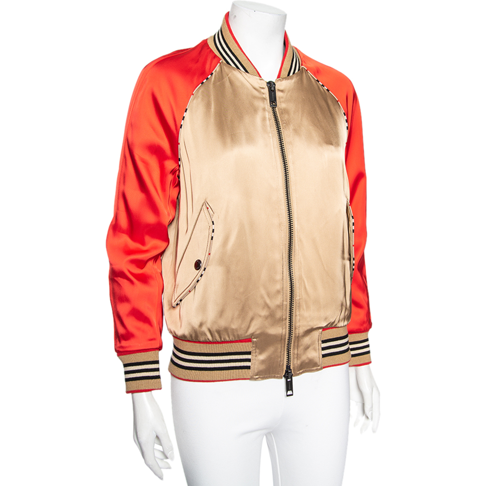 

Burberry Beige & Red Paneled Sateen Stripe Trim Detailed Bomber Jacket