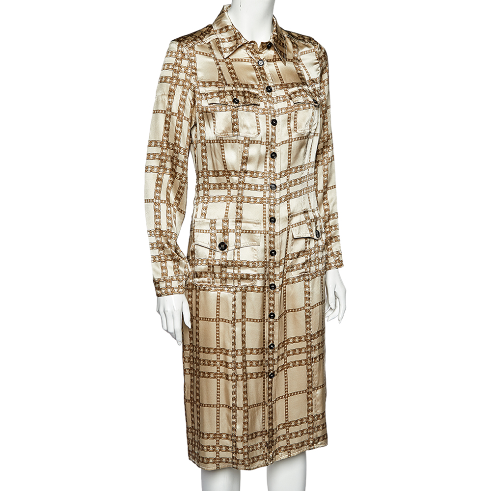 

Burberry Beige Chain Printed Silk Button Front Shirt Dress