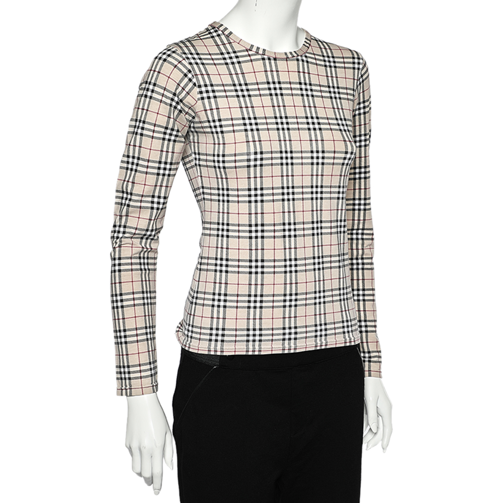 

Burberry Beige Nova Check Cotton Knit Long Sleeve T-Shirt