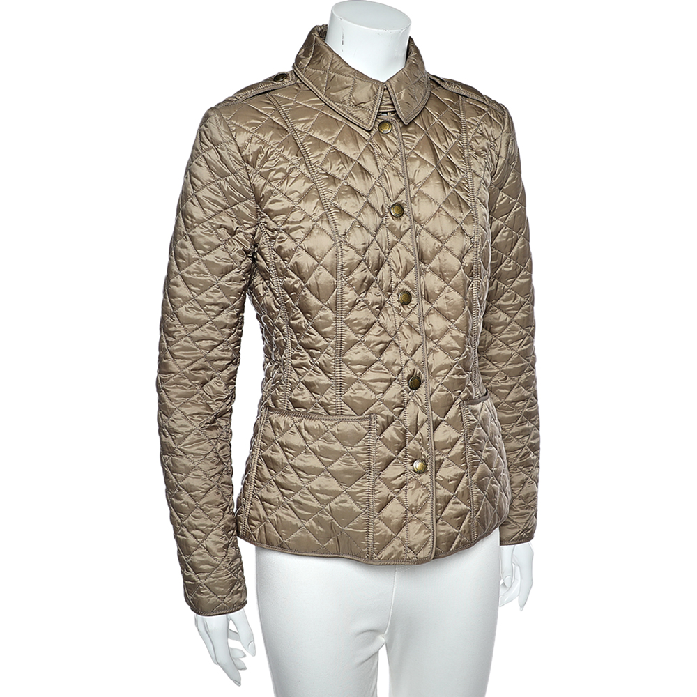 

Burberry Brit Taupe Quilted Synthetic Button Front Jacket, Brown