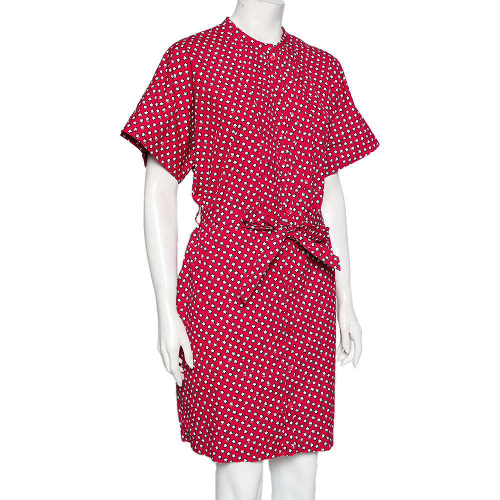 

Burberry Red Printed Cotton Belted Shirt Dress