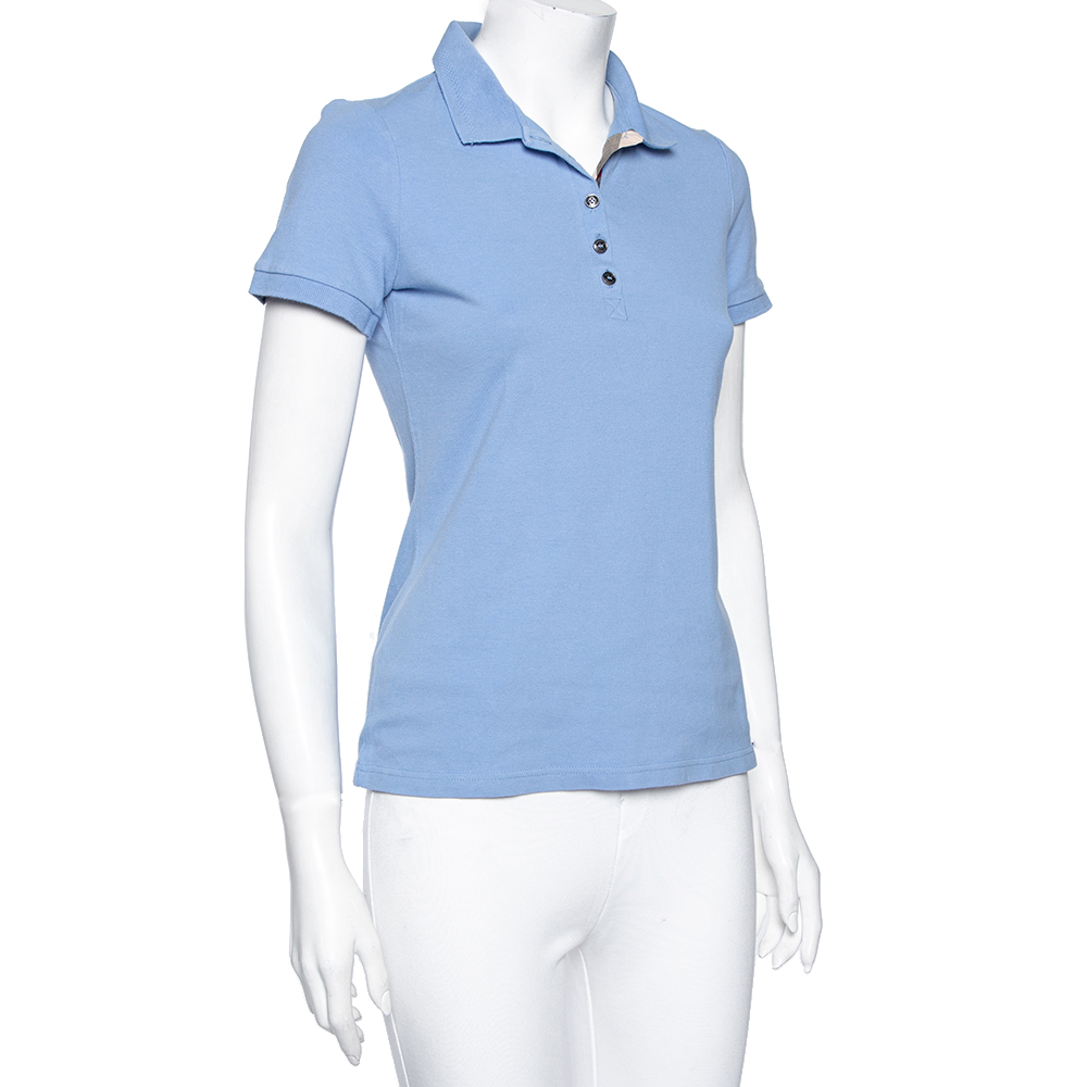 

Burberry Blue Cotton Pique Novacheck Trimmed Polo T-Shirt