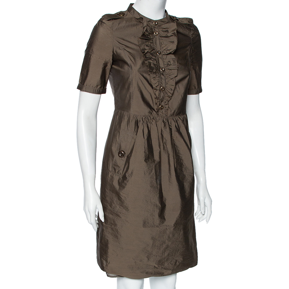 

Burberry Olive Green Ruffle Trim Belted Short Sleeve Dress
