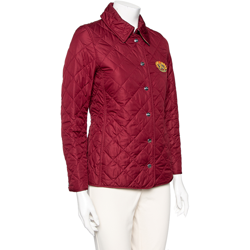 

Burberry Red Quilted Synthetic Crest Embroidered Button Front Jacket