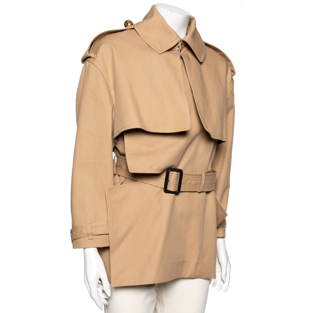 

Burberry Beige Cotton Draped Collar Belted Trench Coat