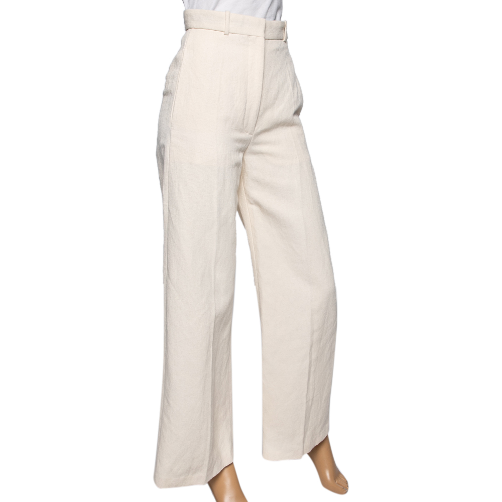 

Burberry Cream Linen Canvas Wide Leg Stonewood Trousers