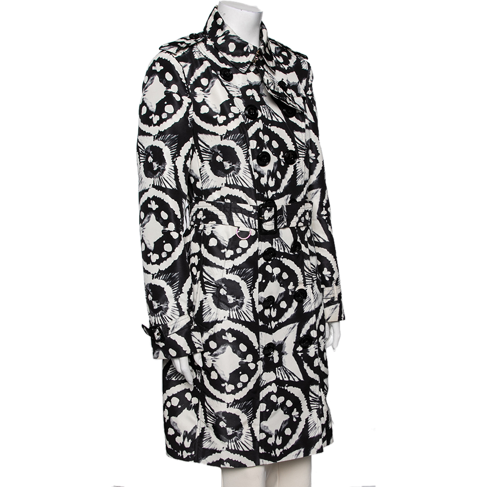 

Burberry Monochrome Ink Tie Dye Printed Silk Double Breasted Belted Trench Coat, Multicolor