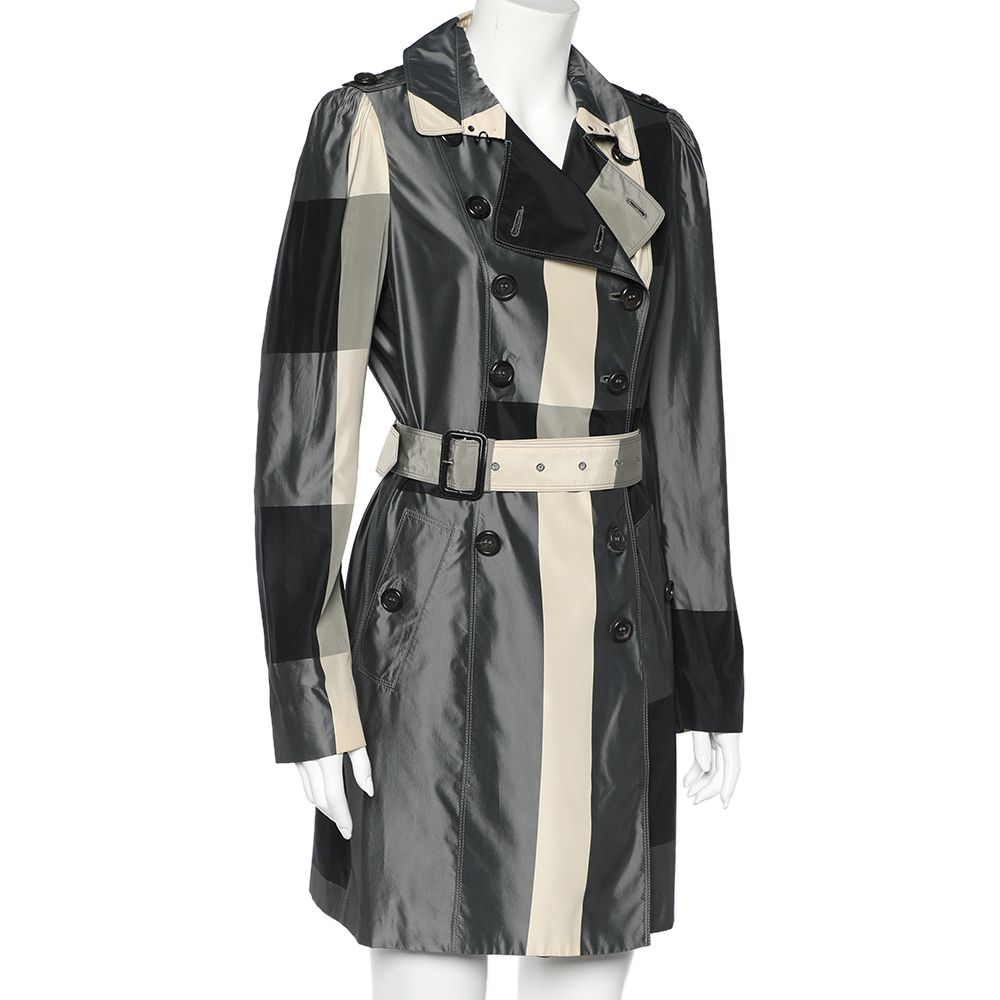 

Burberry Monochrome Checkered Silk Blend Belted Trench Coat, Grey