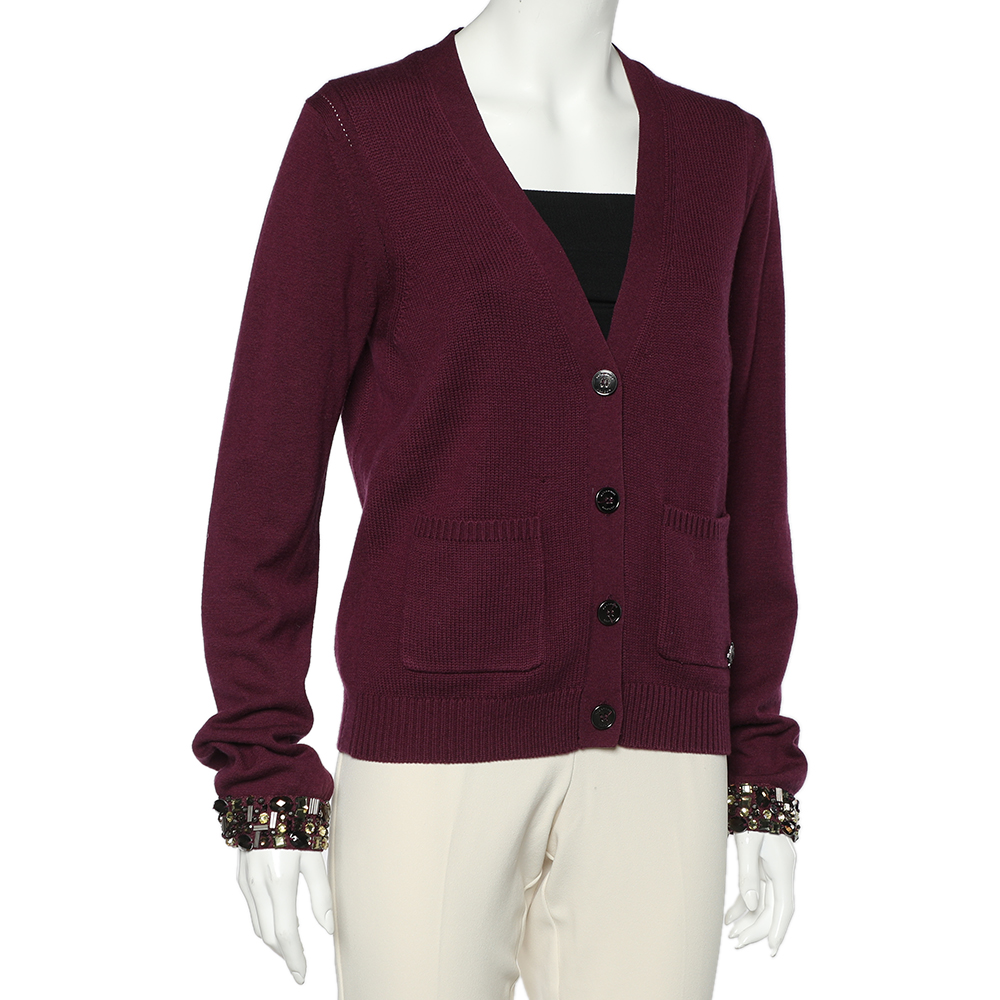 

Burberry Magenta Wool Cashmere Blend Embellished Cuff Cardigan, Purple