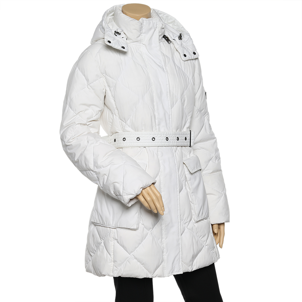 

Burberry White Quilted Hooded Belted Zip Front Coat