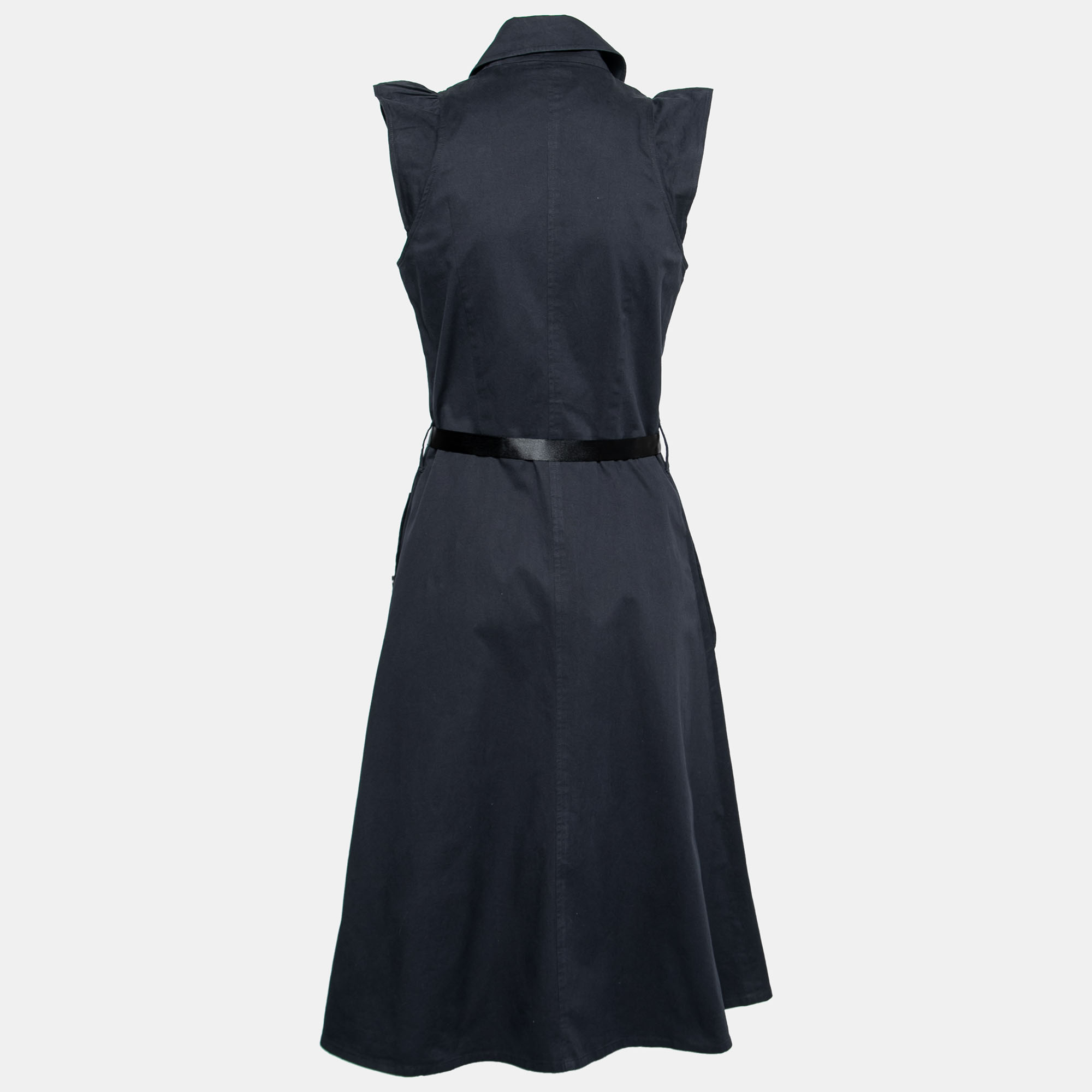 

Burberry Navy Blue Cotton Button Front Belted Ruffle Cap Sleeve Dress