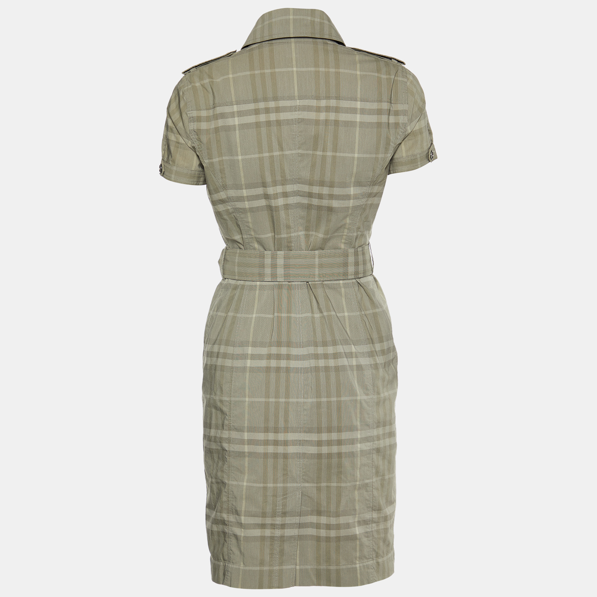

Burberry Grey Checked Cotton Blend Ruffled Detail Belted Shirt Dress