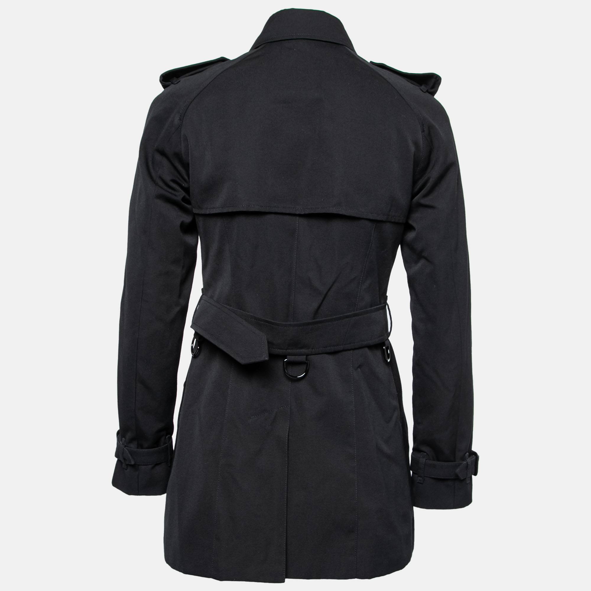 

Burberry Black Gabardine Double Breasted Belted Short Trench Coat