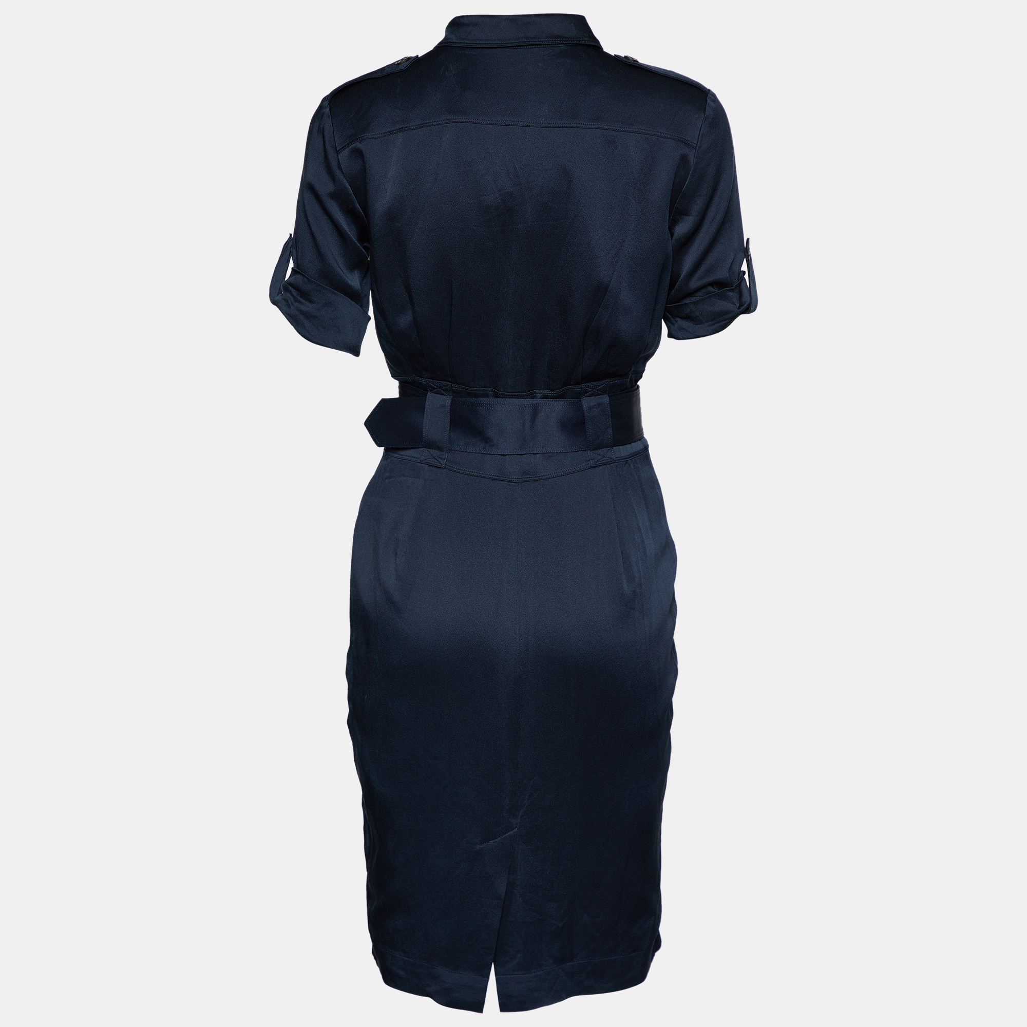 

Burberry Navy Blue Silk Satin Belted Midi Dress
