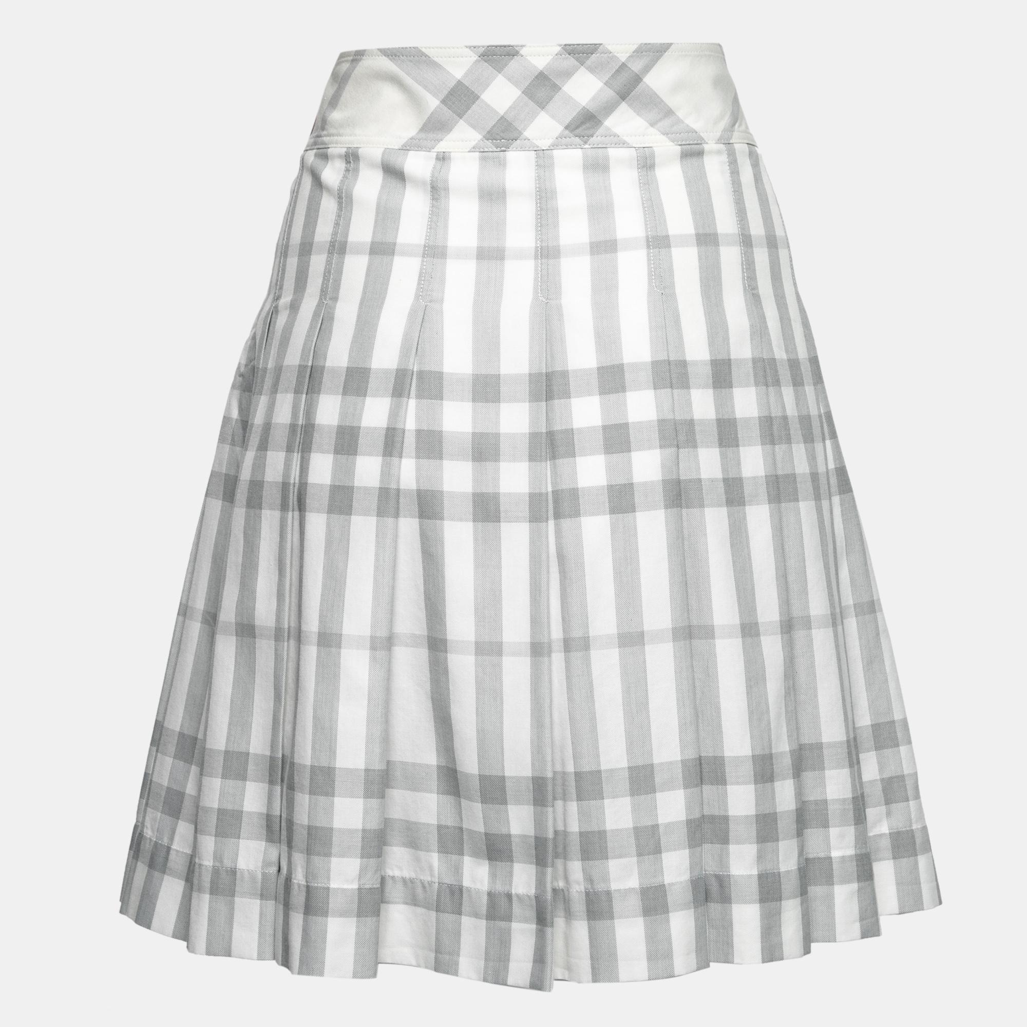

Burberry White & Grey Checked Cotton Pleated Mini Skirt