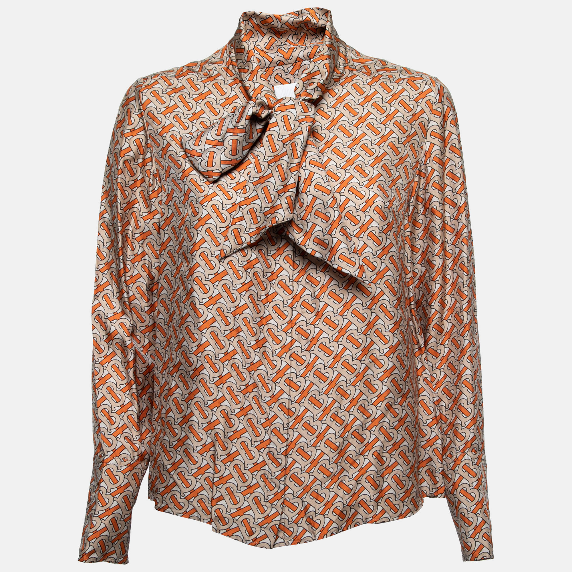 Pre Owned Burberry Orange Logo Monogram Printed Silk Neck-Tie Shirt S