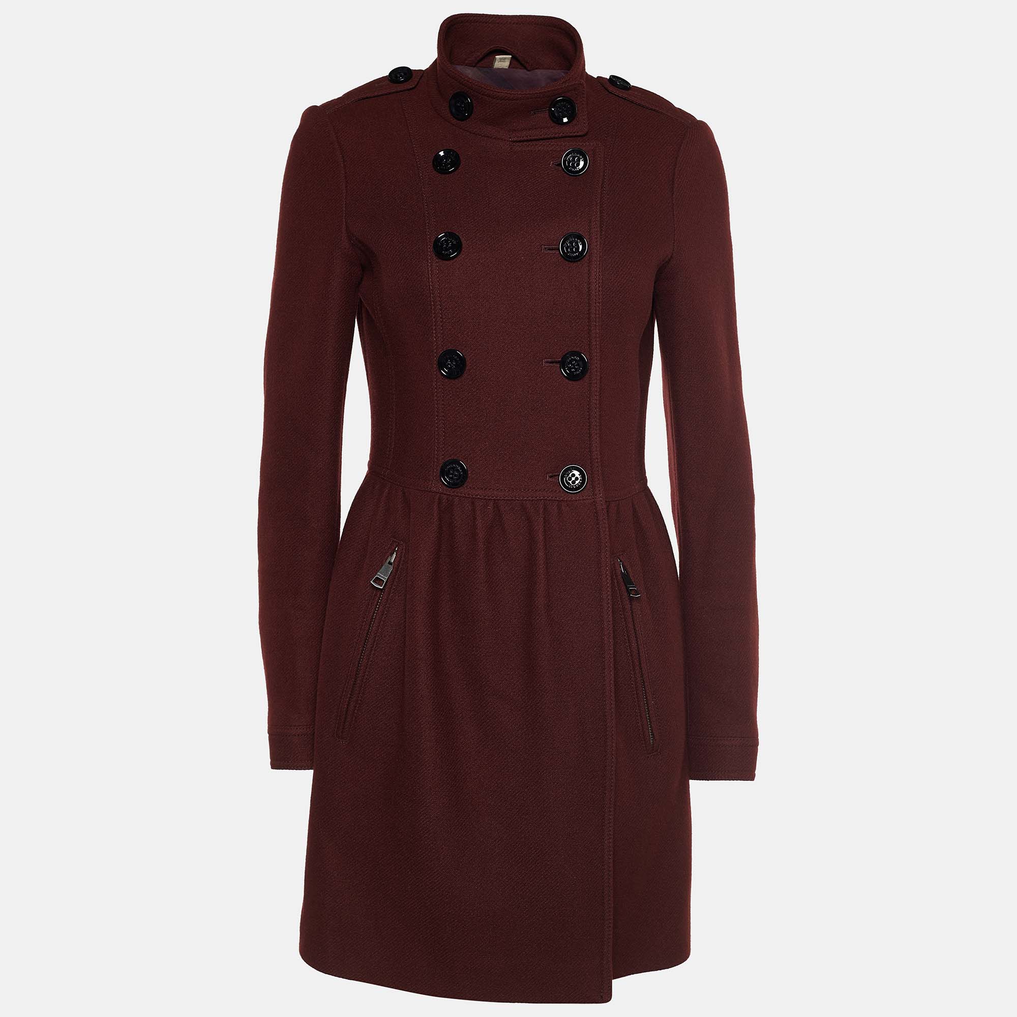Pre-owned Burberry Brit Burgundy Wool Double Breasted Peplum Coat S