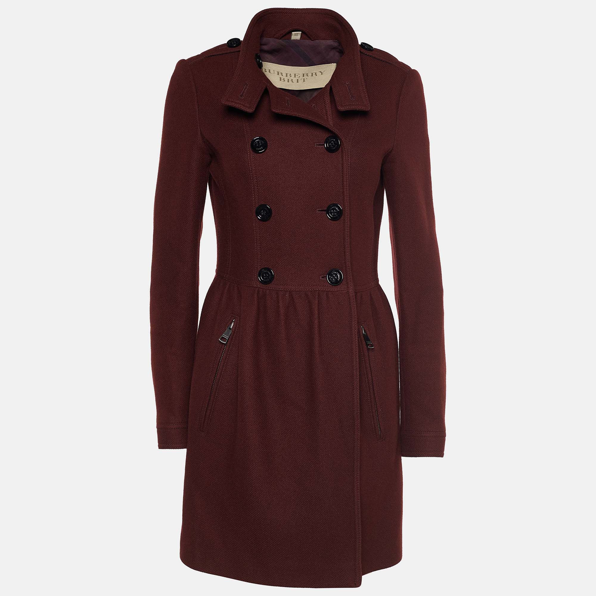 

Burberry Brit Burgundy Wool Double Breasted Peplum Coat