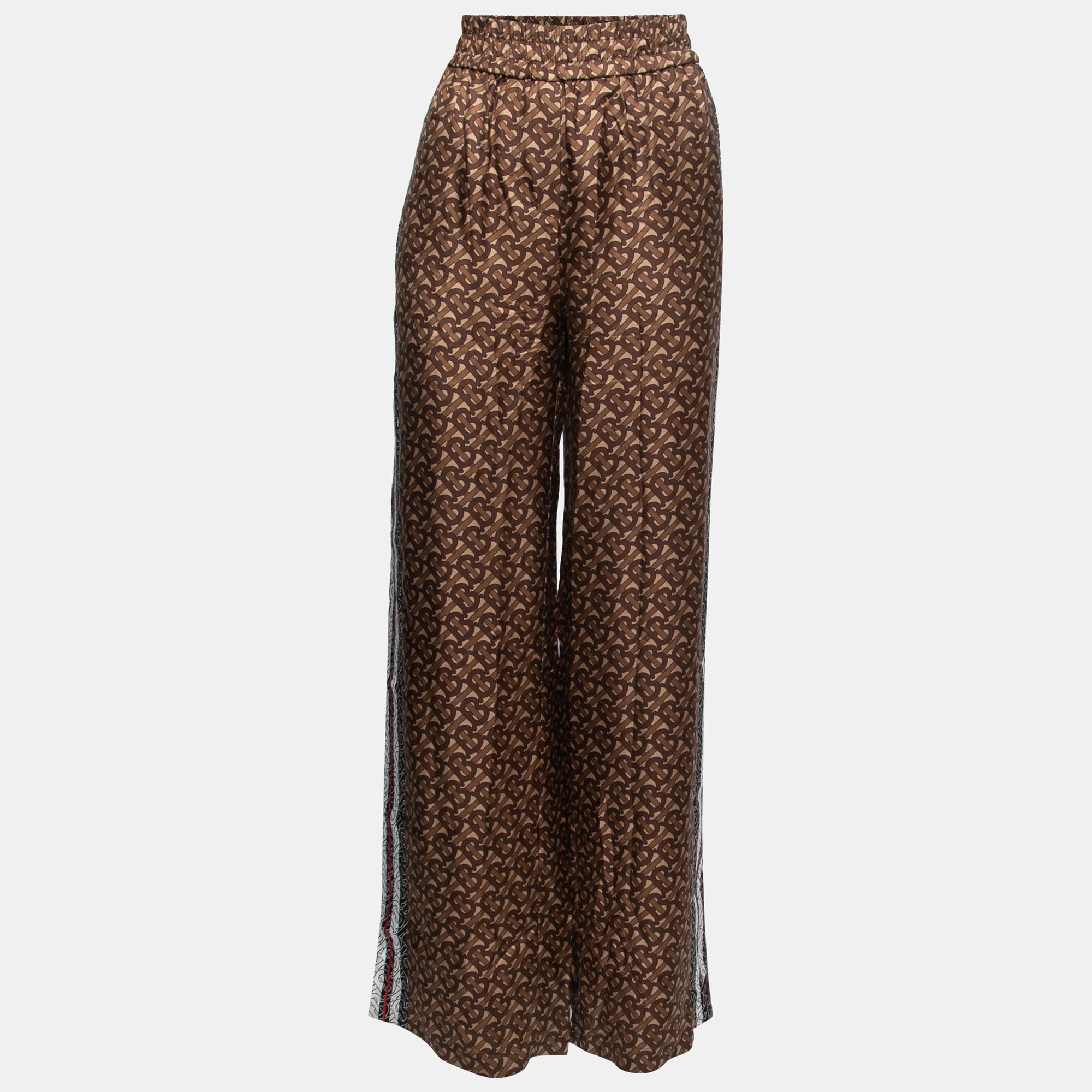 Pre Owned Burberry Brown Monogram Silk Elasticized Waist Pants S