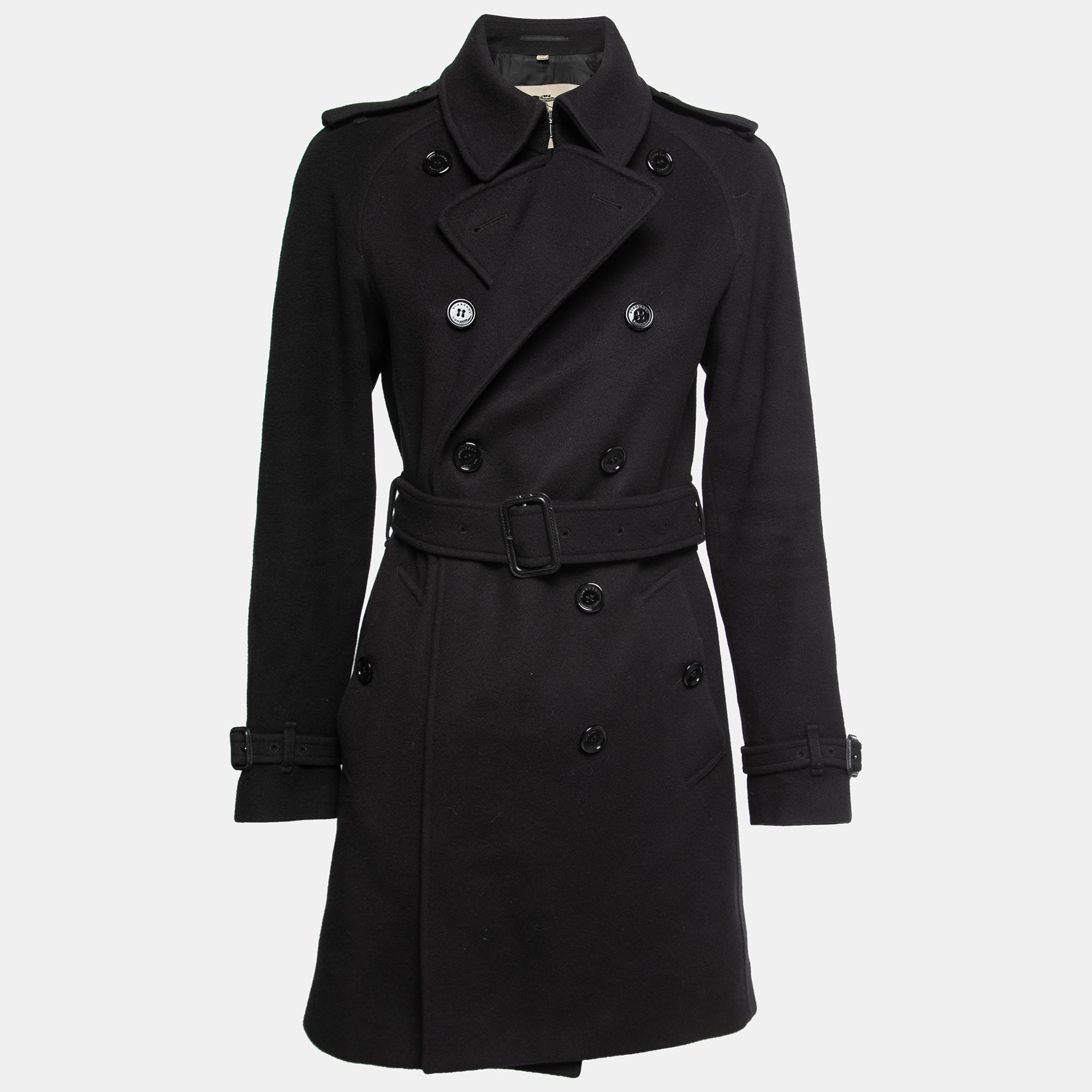 Pre-owned Burberry Black Wool & Cashmere Belted Trench Coat S