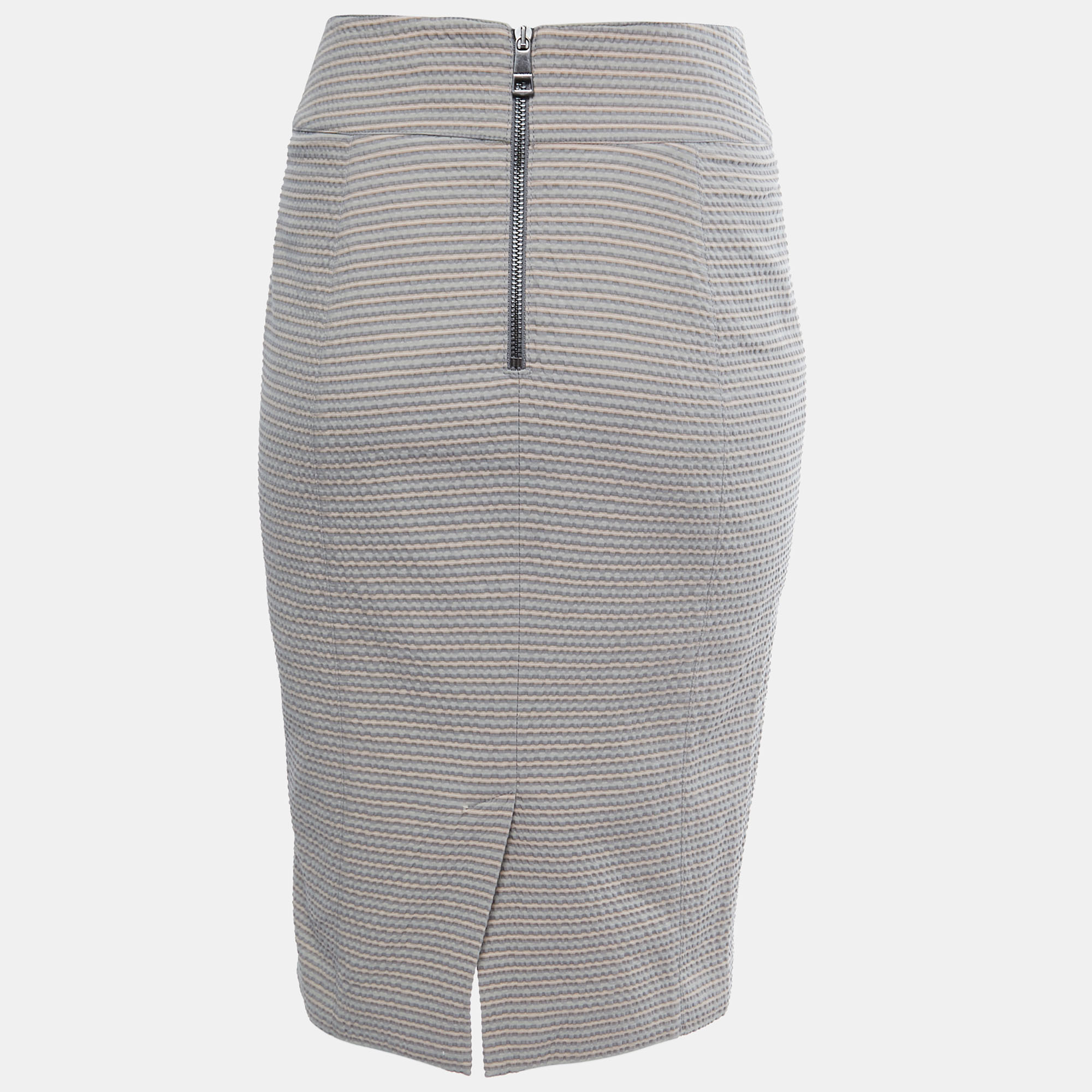 

Burberry Grey Striped Crinkled-Cotton Pencil Skirt