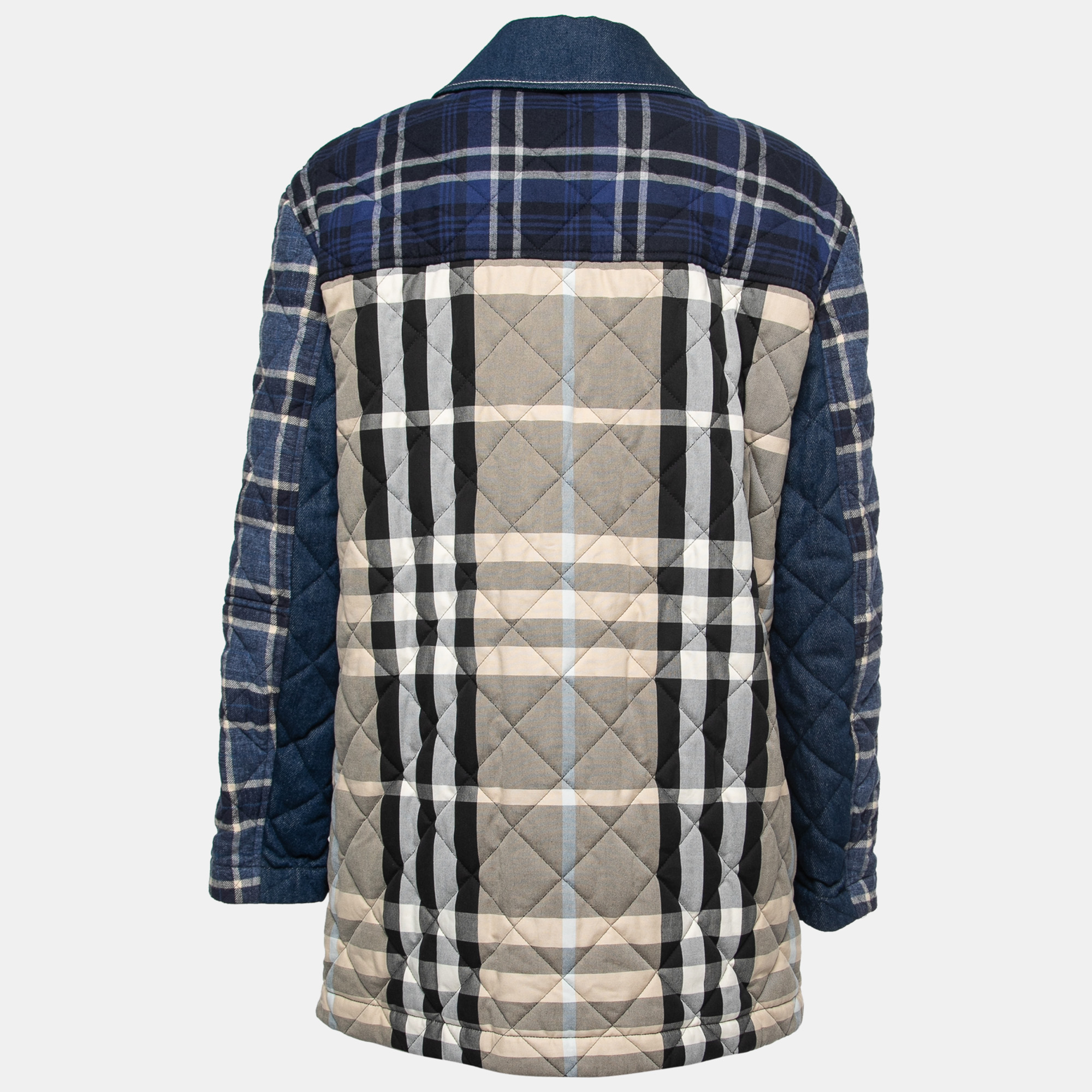 

Burberry Blue Paneled Check Print Cotton Quilted Jacket