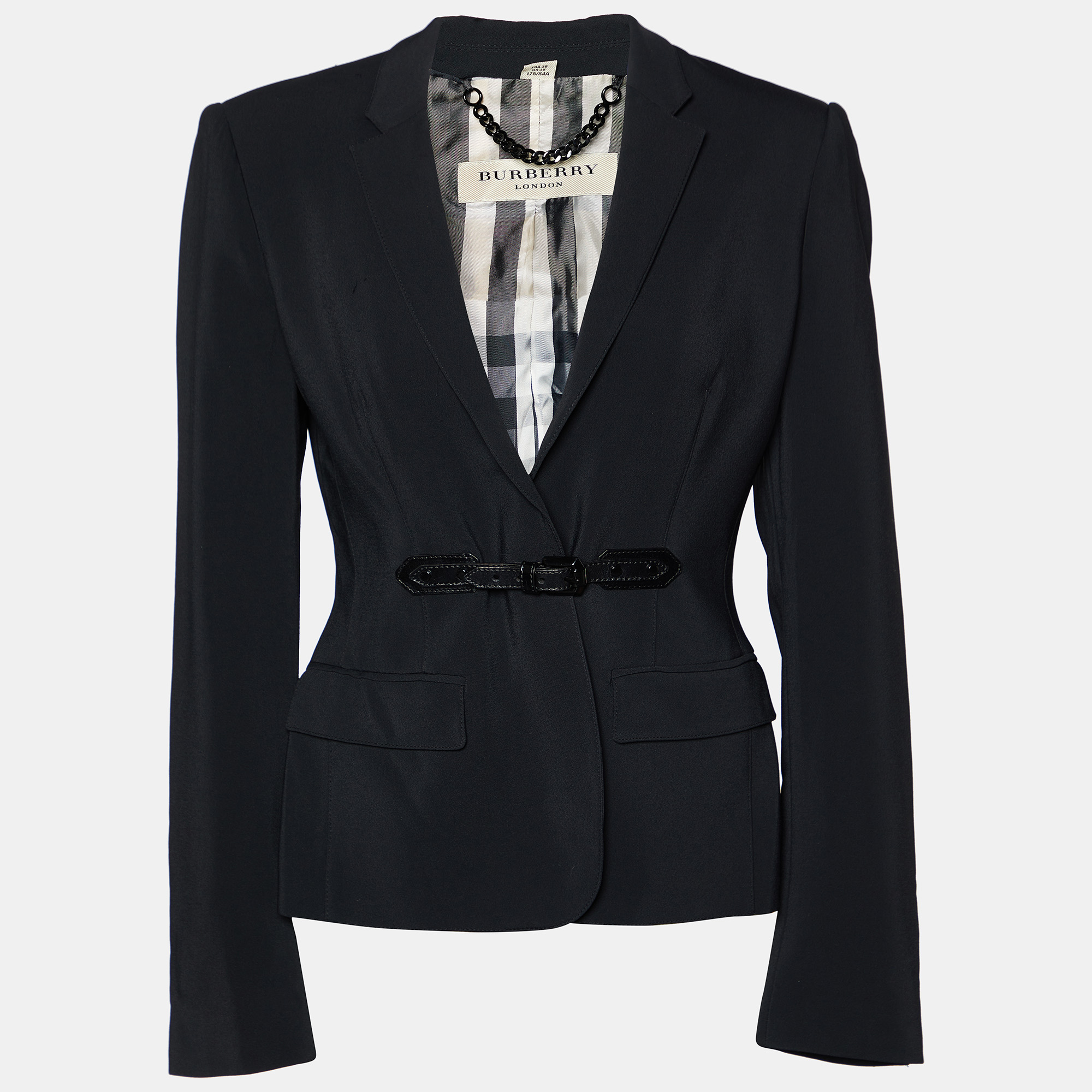 Pre-owned Burberry Black Crepe Buckle Front Blazer S