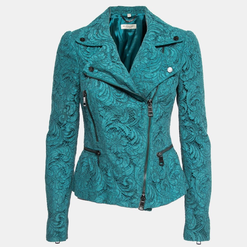 Pre-owned Burberry Teal Blue Floral Lace Biker Jacket S