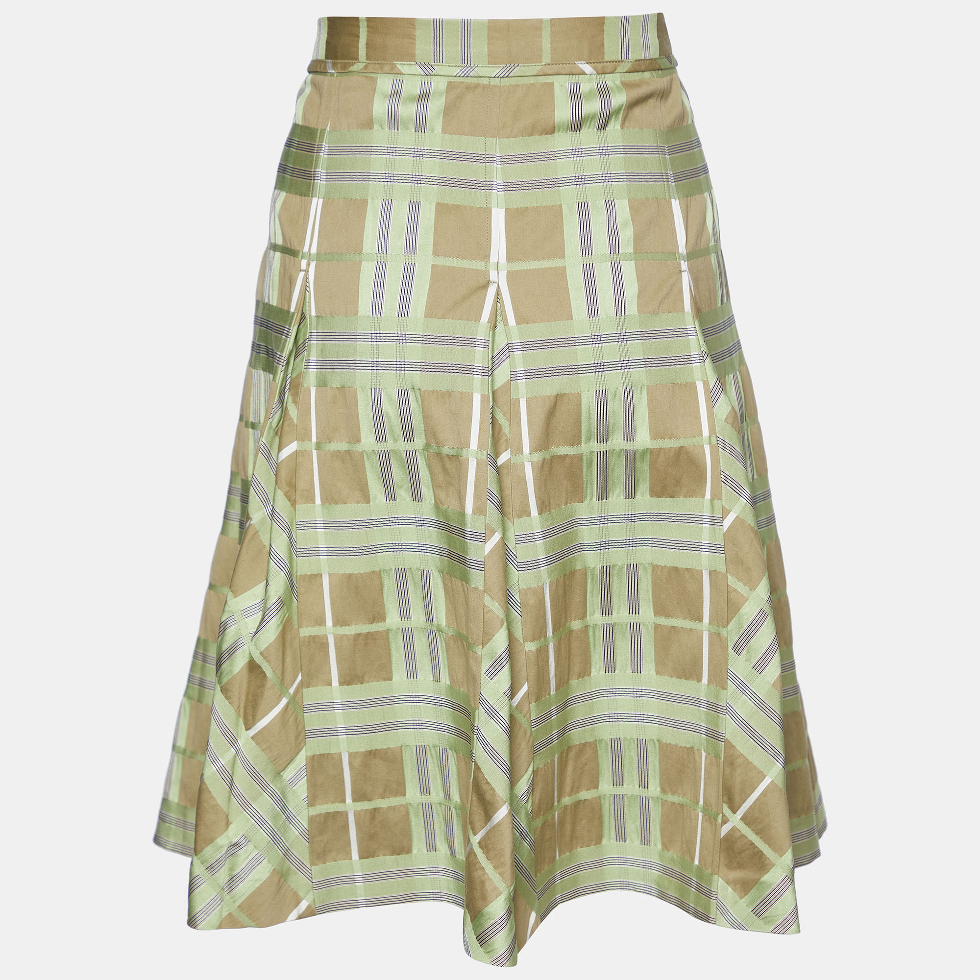 

Burberry Green & Beige Checkered Cotton & Silk Pleated Skirt