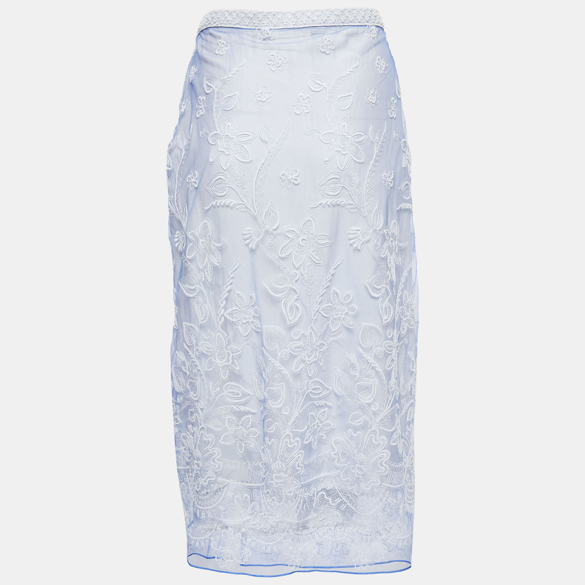 

Burberry Blue Floral Embroidered Tulle Midi Skirt