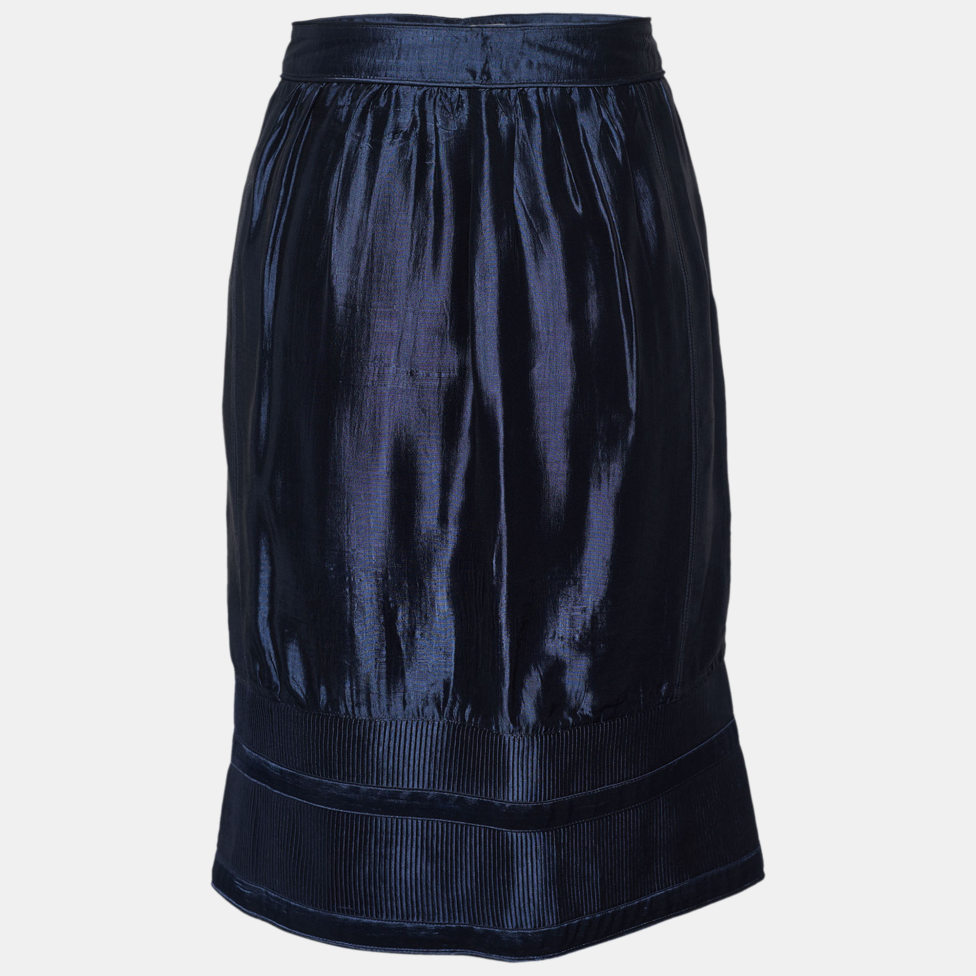 

Burberry Navy Blue Silk Blend Textured Hem Detail Mini Skirt