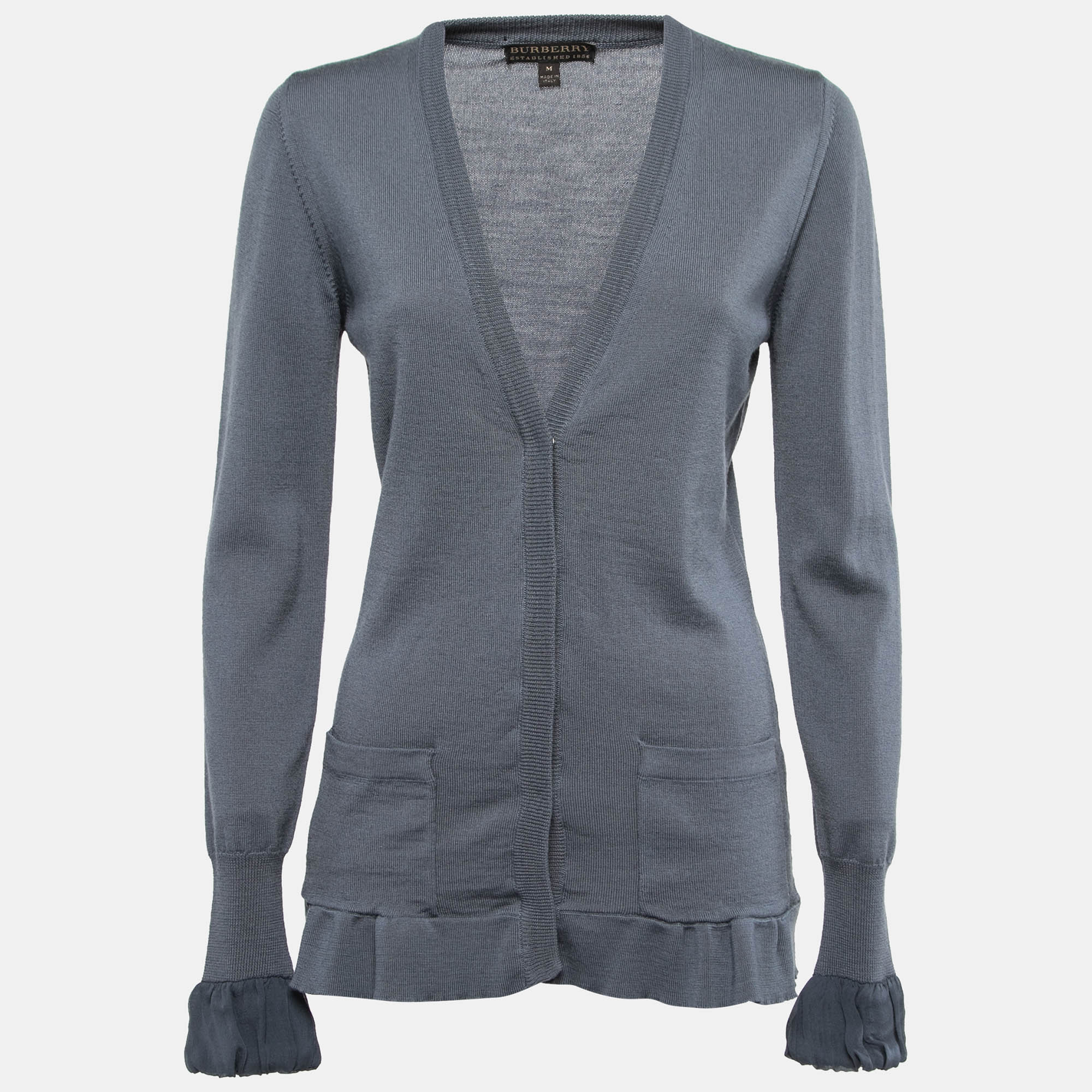 

Burberry Grey Wool Knit Silk Trimmed Button Front Cardigan