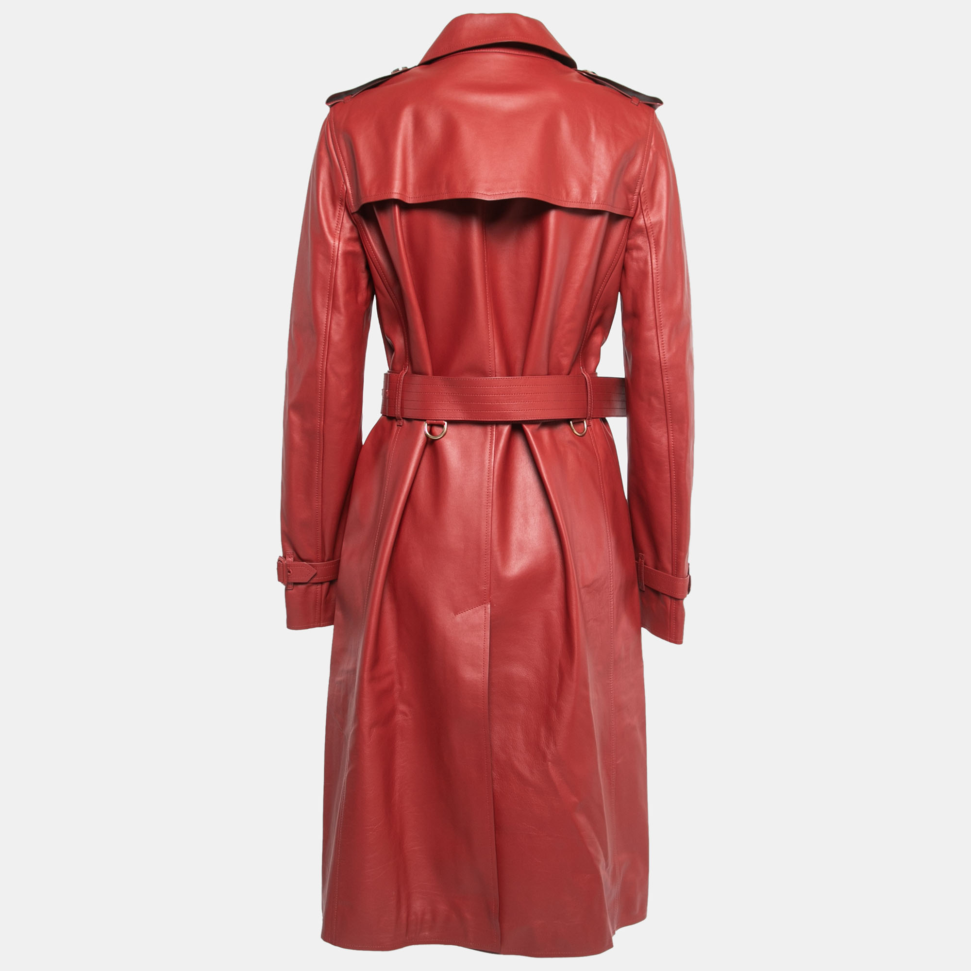

Burberry Red Leather Double Breasted Haddington Trench Coat