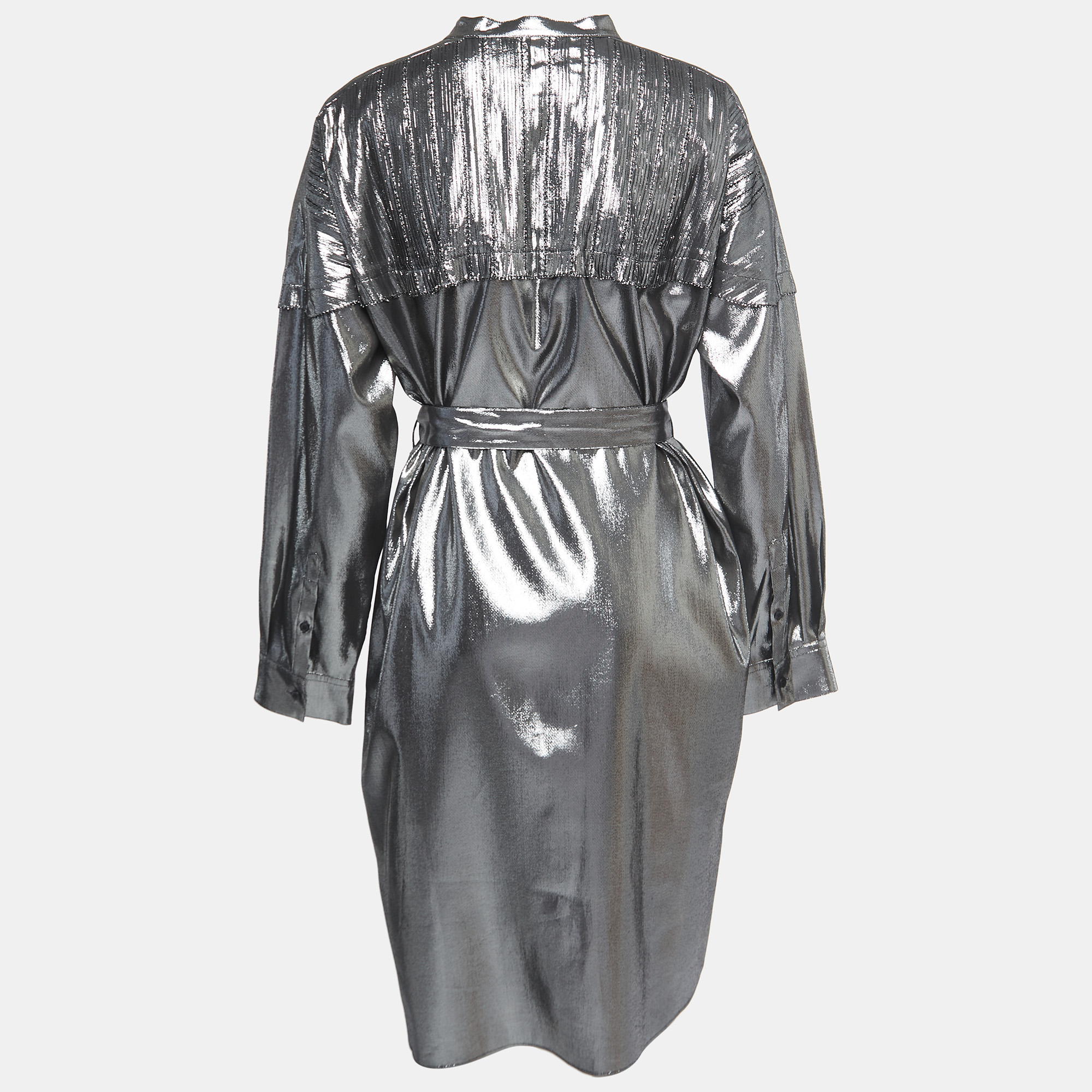 

Burberry Metallic Grey Lurex & Silk Button Front Belted Short Dress