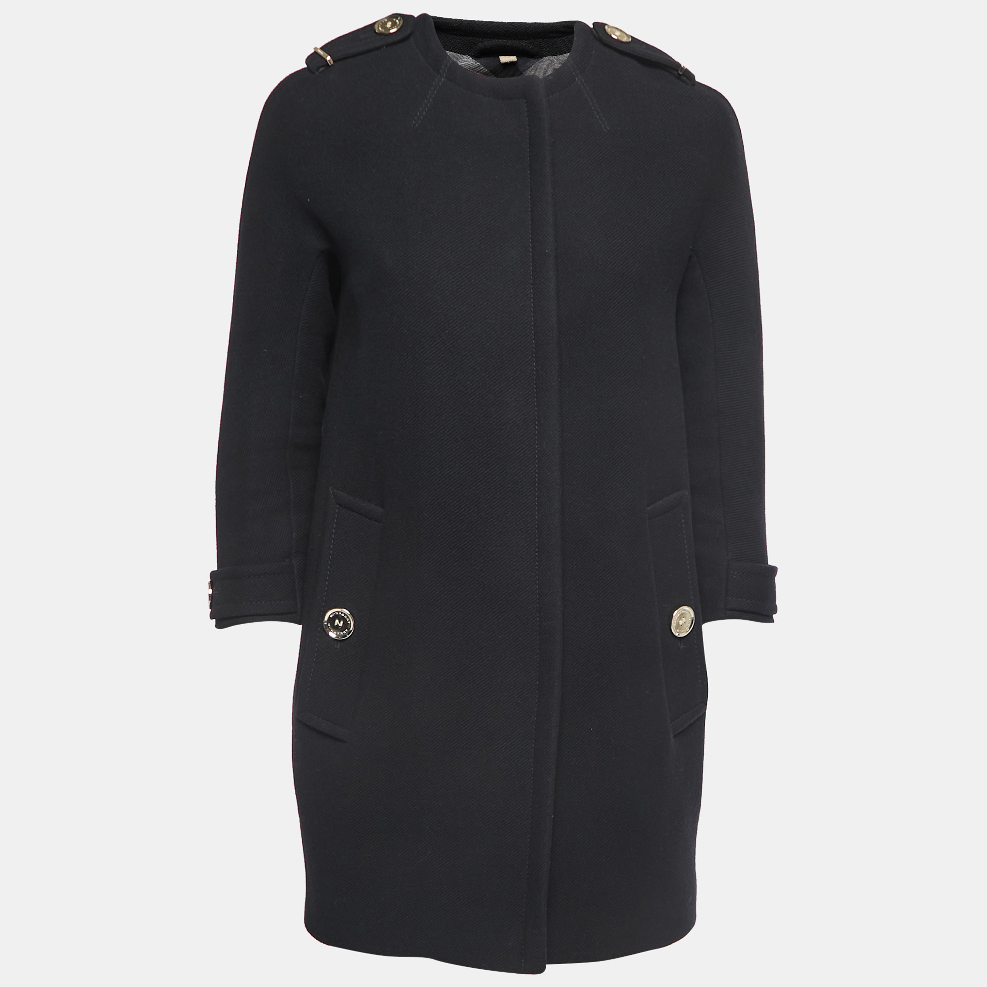 Pre-owned Burberry Black Wool Round Neck Coat Xs