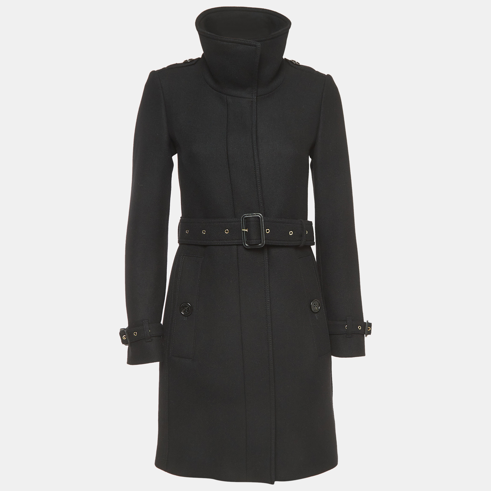 

Burberry Black Wool Blend Single Breasted Belted Trench Coat