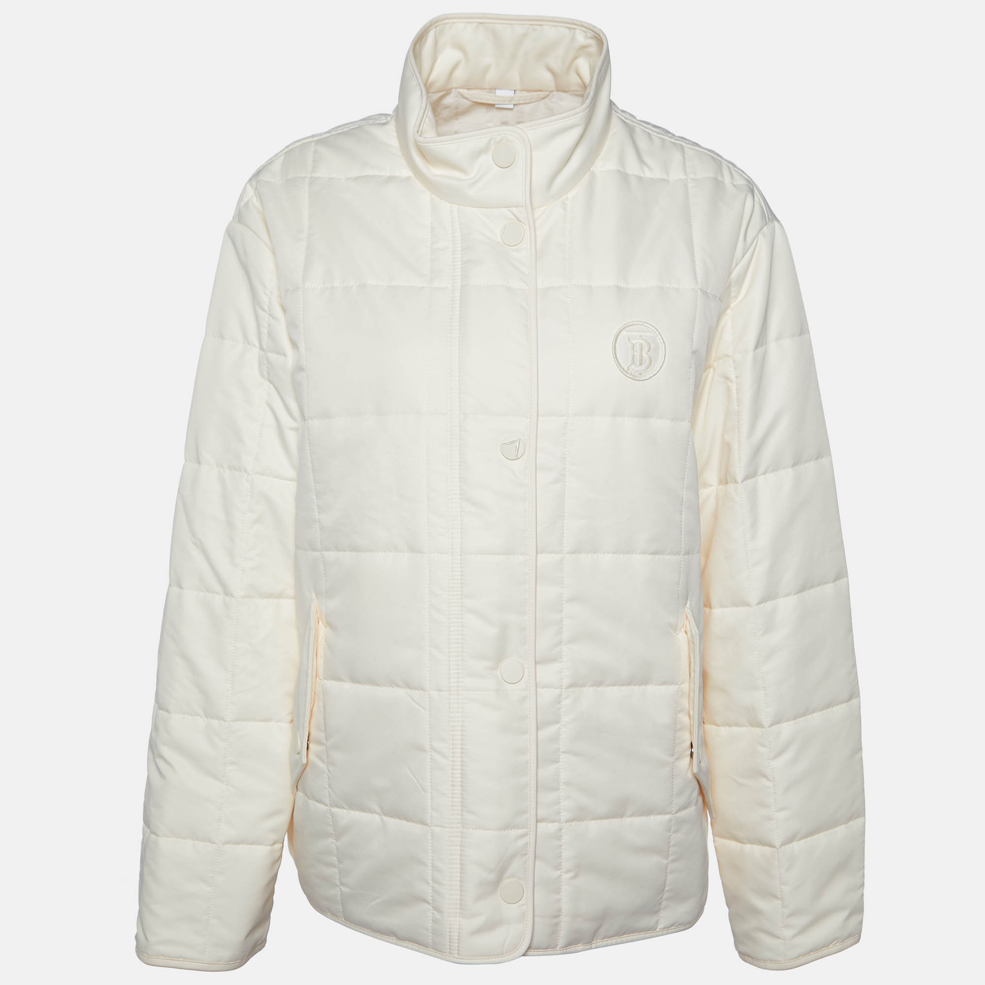 Pre-owned Burberry Cream Logo Detail Quilter Jacket L